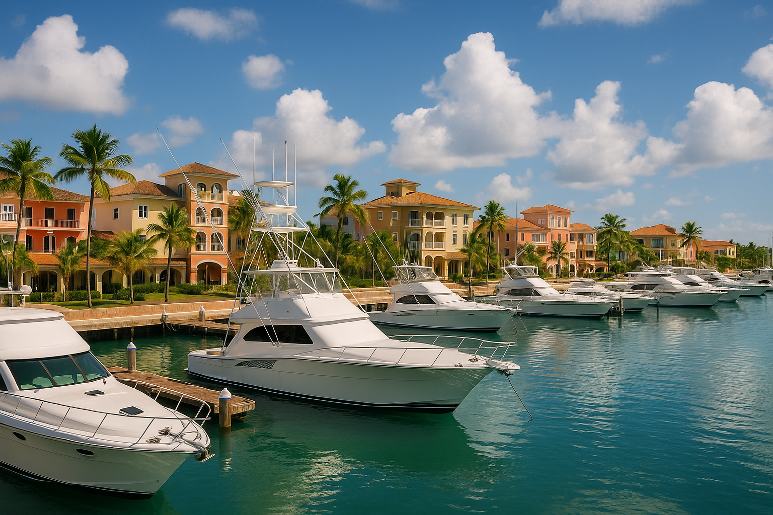 Tropical marina with luxury yachts and Mediterranean architecture